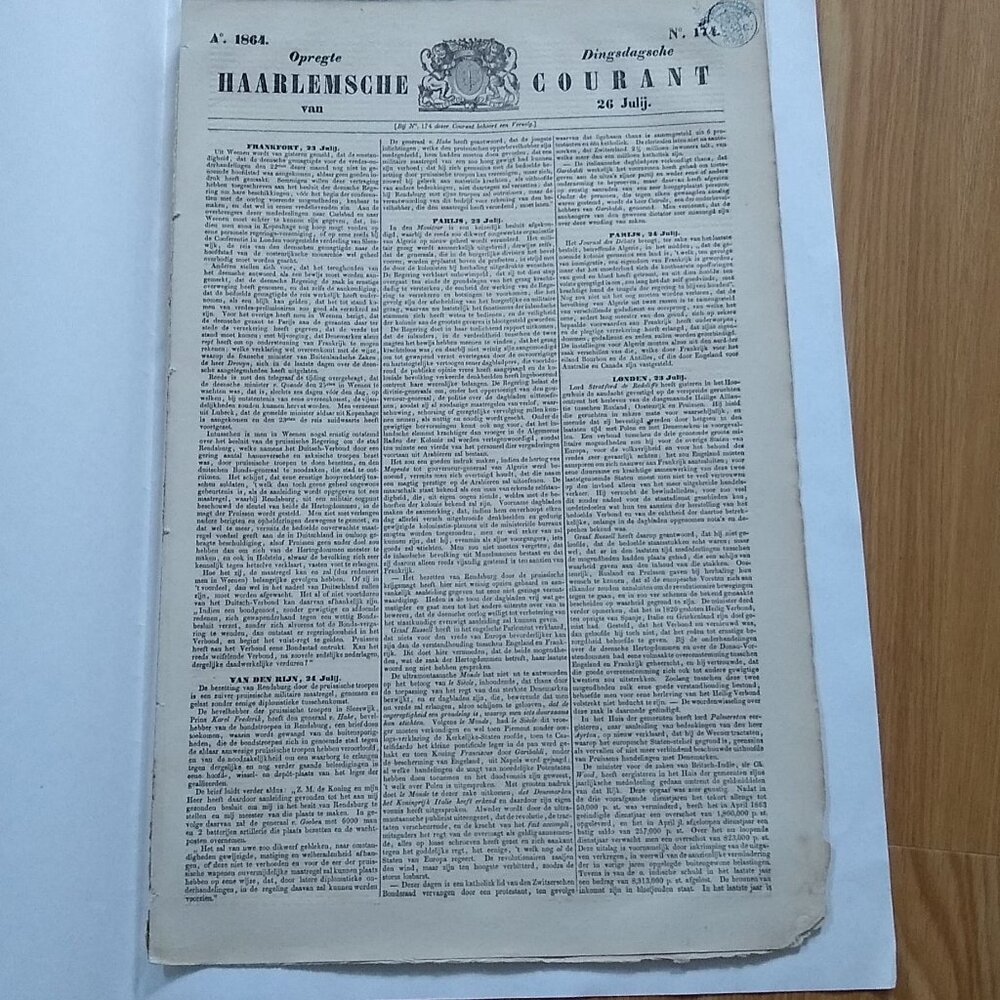Haarlemsche Courant Newspaper- July 26, 1864 Vintage